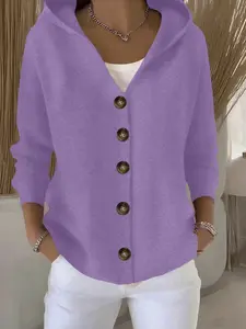 Women's 8 Color Options Comfortable Casual Simple Pure Color Solid Hooded Button-Up Long Sleeves Top, Stylish and Versatile Ladies' Clothing