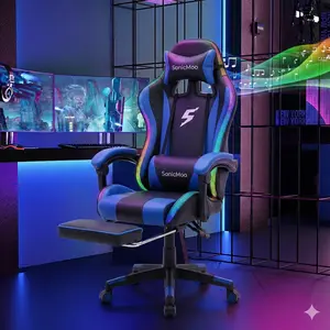 SonicMOO Gaming Chair with RGB LED Lights, Footrest, Lumbar Support & Headrest - High Back Reclining Swivel Computer Chair