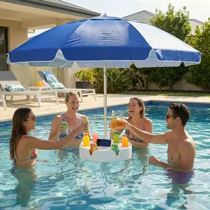 Floating Pool Umbrella with Bar and Base, Portable Pool Bar Table Umbrellas with Cup Holder & Phone Stand, Floating Poolside Shade, Included Easy Carry Bag, for Inside of Pool, Swimming Area, Lake House, Beach, #Summervibes