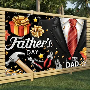 1PC Polyester 2D Flat Father's Day Backdrop - Suit & Tools Themed Standing Banner, Birthday Party Shooting Curtain, Indoor-Outdoor Event Decoration