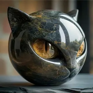 Luxury Black Cat Stone Resin Sculpture, Marbled Eyes and Sharp Ears, Detailed Durable Home/Office Decoration, Handmade Artistic Ornament, Perfect Gift for Cat Lovers, Fantasy Theme, Resin Material, Home Decor Statue