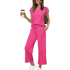 Women's Two-Piece Set Summer Vacation Outfit Hat Sleeve Top Casual Matching Set Clothing Beach Fashion Wear, Summer Women's Clothing,utdoor fitness appare