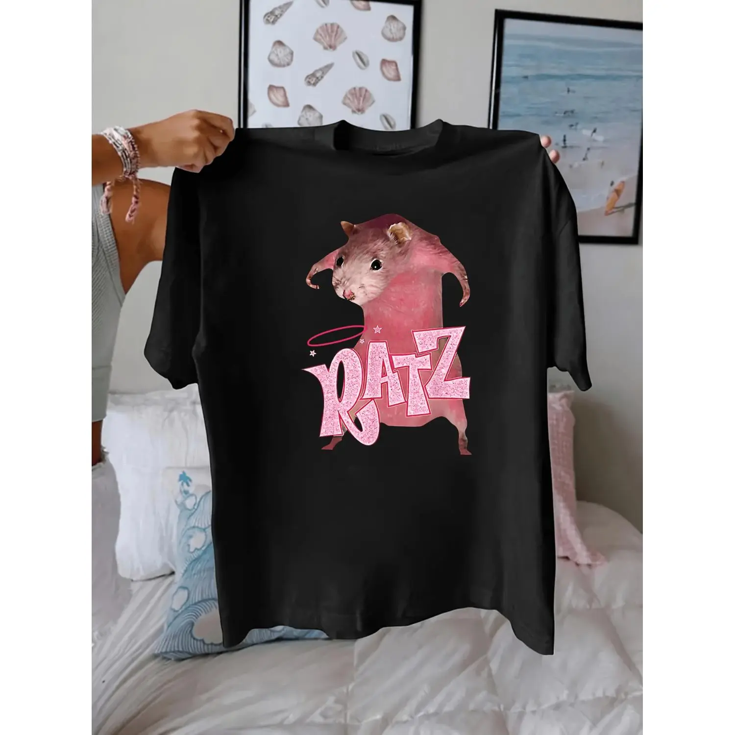 Ratz Fun Pocket Humorous Pattern Printed T-shirt, Short Sleeve Round Neck Summer Spring Casual Top, Women's Wear