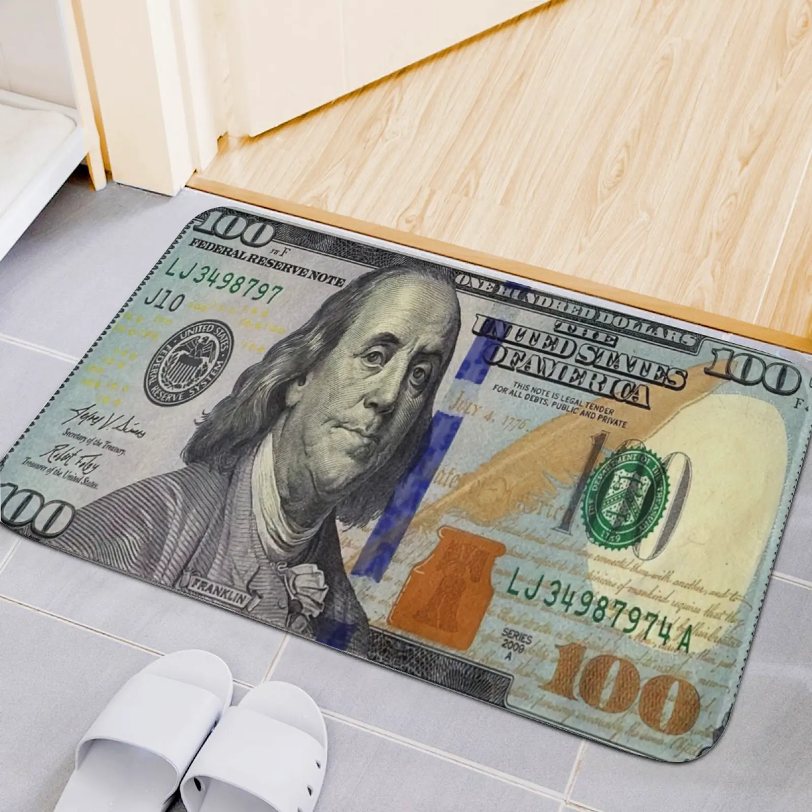 Funny 100 Dollar Bill Flannel Area Rug, Non-Slip Bathroom Floor Mat, Soft Plush Money Doormat, Benjamin Franklin Cash Rug for Bathroom, Bedroom, Kitchen, Entryway, 16×24in (40×60cm)