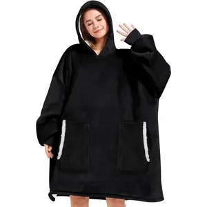Wearable Blanket Hoodie Oversized Blanket Hoodie Cozy Hideout Hoodie for Adults Men Sweatshirt Sweater Blanket with (Black)
