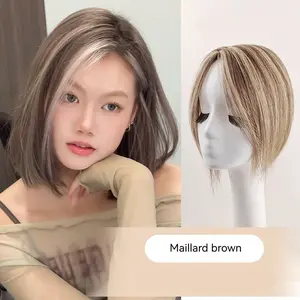 Real Human Hair Topper Hand-Tied Lace Maillard Color Highlighted Clip In Bangs Volumizing Top Piece Natural Look Cover Gray High Root Lift for Women