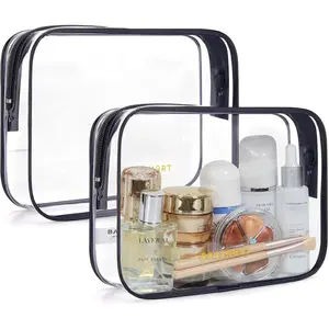 Clear Toiletry Bag, 2 Packs TSA Approved Water resistant Quart Size Travel Organizer, Airport Airline Travel Essential Carry On Makeup Cosmetic Bags for Women, Black