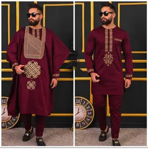 African Men's Clothing Cotton Embroidery Agbada Shirt Pants Matching Set 3 Piece Outfit Stylish Formal Traditional Wedding Attire Groom Groomsmen Guest Nigerian Party Birthday Anniversary Prom Graduation