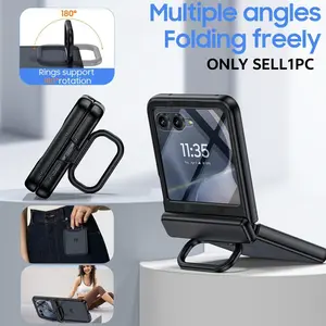 For Motorola Razr 60 Upgrade Half-Transparent Matte Case with Tempered Glass, Ring Holder Stand, Full-Screen Protection, Anti-Shock, Anti-Fingerprint