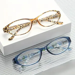 HAITONGCR Women's Blue Light Blocking Reading Eyeglasses, +1.0 to +4.0 Lightweight Oval Frame with Spring Hinge, Durable High-Quality Resin Eyewear (Leopard Print/Transparent Blue/Tortoise), for Seniors & Office Use, Includes Case & Cloth