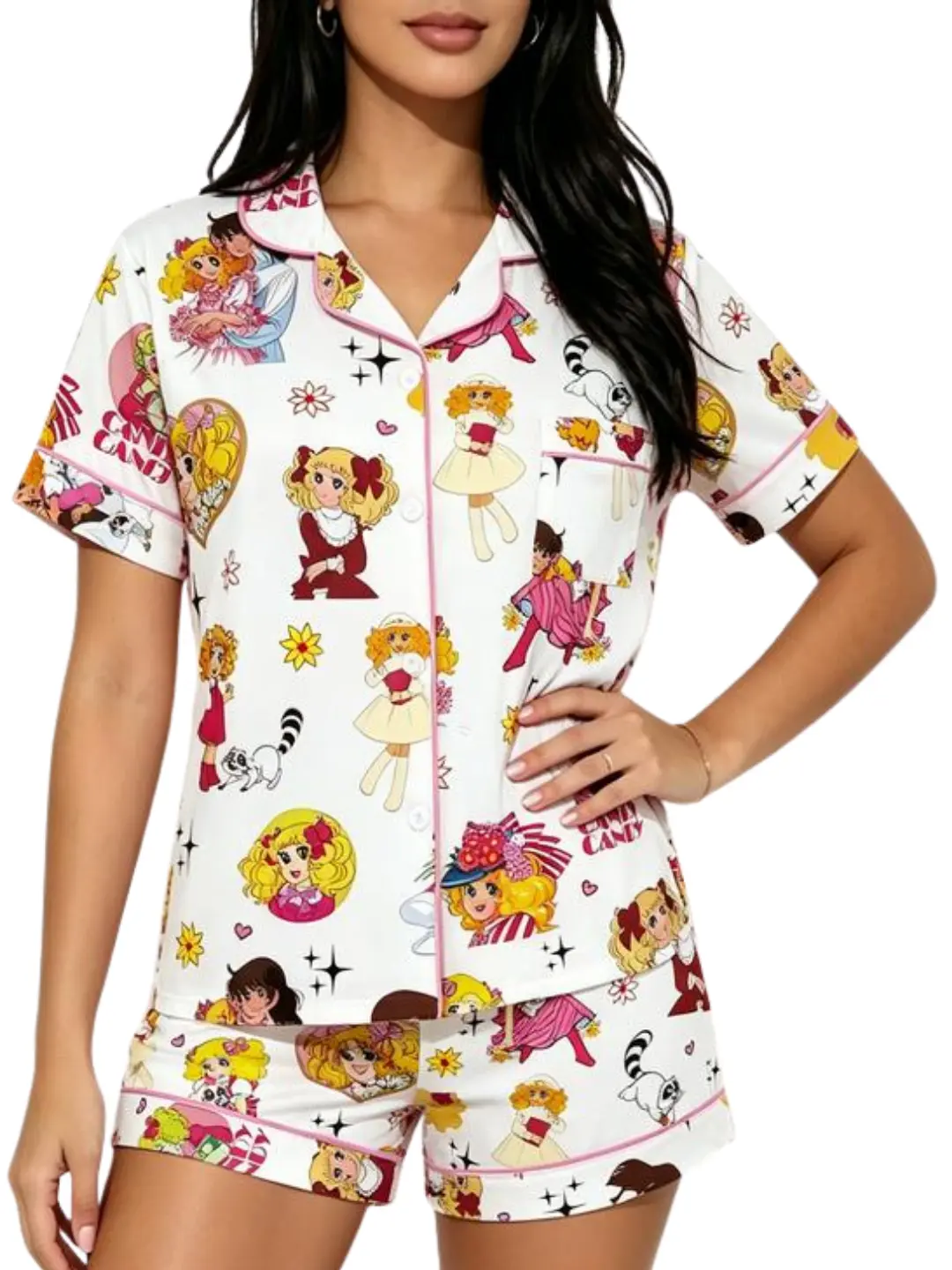 Teenage Anime Girl Pajama Set, Soft Breathable Short Sleeve Top & Elastic Waist Shorts, Cute Retro Style, Perfect for Sleepwear, Loungewear & Gifts
