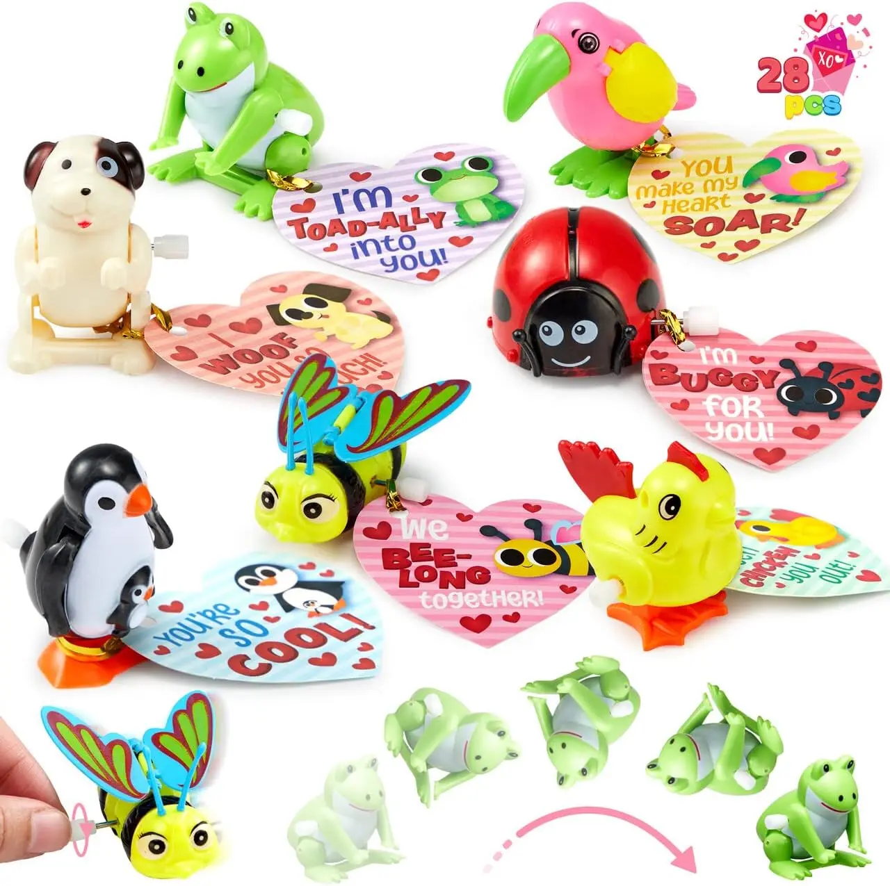 JOYIN 28PCS/16pcs Valentines Wind-up Toy Set with 7 Designs Cards & Ribbons for Kids Party Favors Goody Bag Fillers Exchange Gifts - Butterfly &16pcs Monster Trucks
