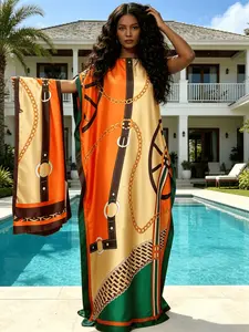 1dress+1scarf Orange Green Horsebit Chain Equestrian Print Kaftan Dress for Women, Plus Size Muslim Abaya with Matching Headscarf, Loose Batwing Sleeve Maxi Caftan, Modest Beach Cover Up, Dubai Style Islamic Robe for Vacation, Eid & Casual Loungewear