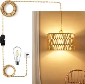 Plug in Rattan Pendant Light Farmhouse 14.7 FT Hemp Rope Cord, Boho Hanging Lamp Dimmable, 2-in-1 Wicker Woven Lamp Shade, Pendant Hanging Lamps for Living Room Bedroom Kitchen(Bulb Included)