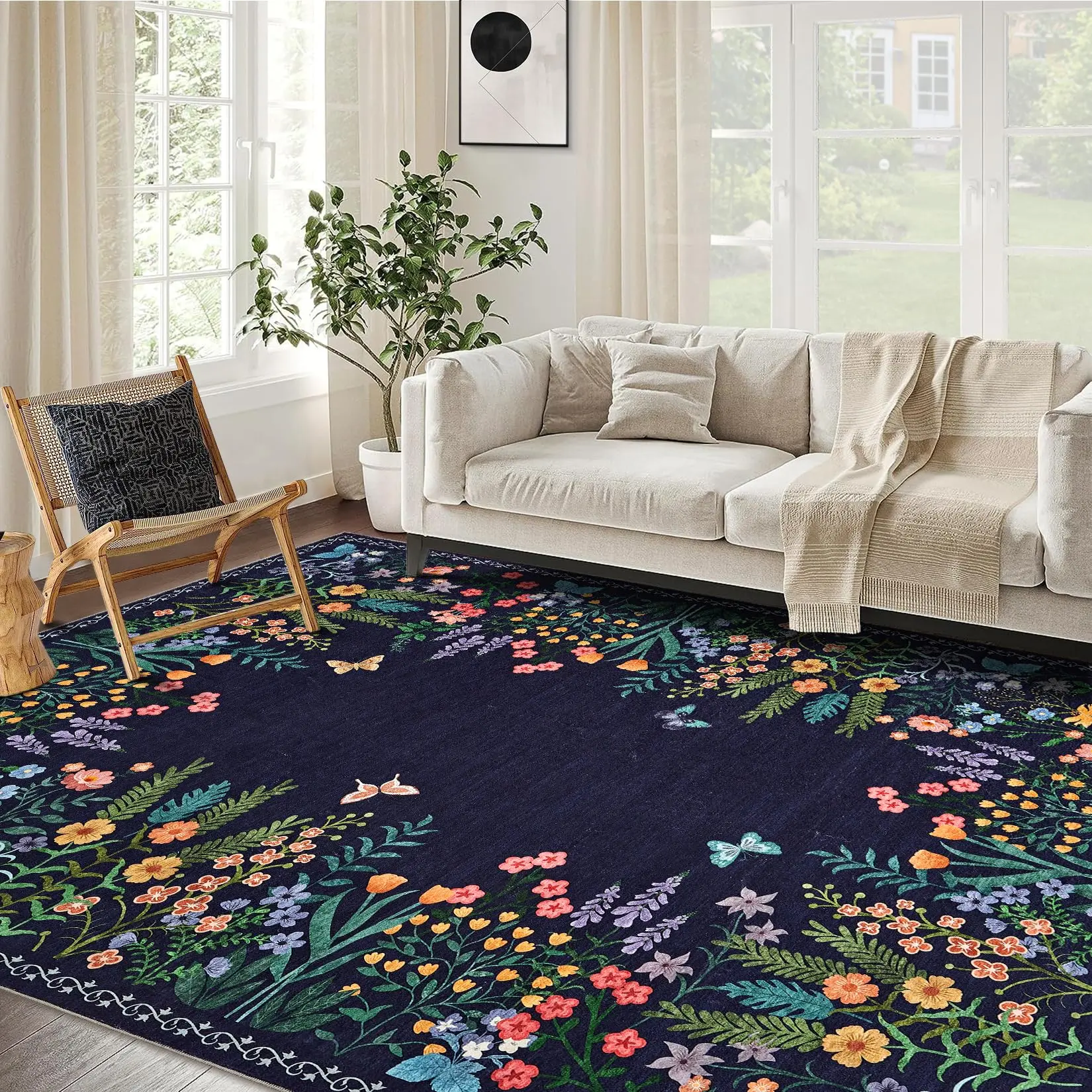 GARVEE Washable 9x12 Area Rugs, Large Living Room Rug, Non-Slip Soft Floral Rugs for Bedroom, Botanical Area Rug Carpet for Dining Room Guest Room (Blue,9'x12')
