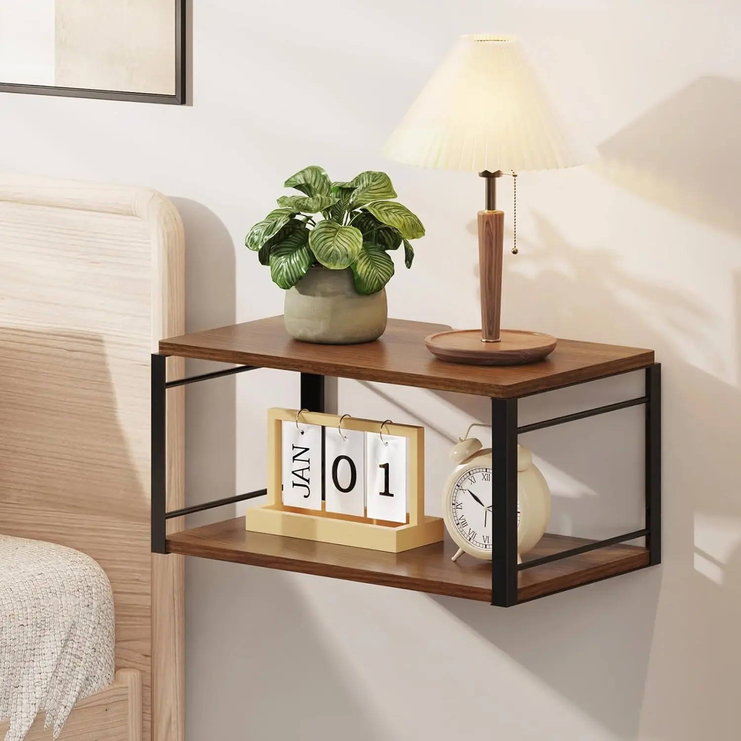 Geometric Metal Floating Nightstand - Wall-Mounted Bedside Shelf with Decor Accent, Versatile for Bedroom, Living Room (Brown), Shelves
