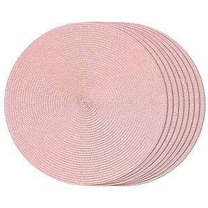 8-Pack Pink Woven Plastic Placemats, 15 in Round Braided Tableware, Heatproof Natural Mats for Dining Table, Farmhouse Kitchen Decor