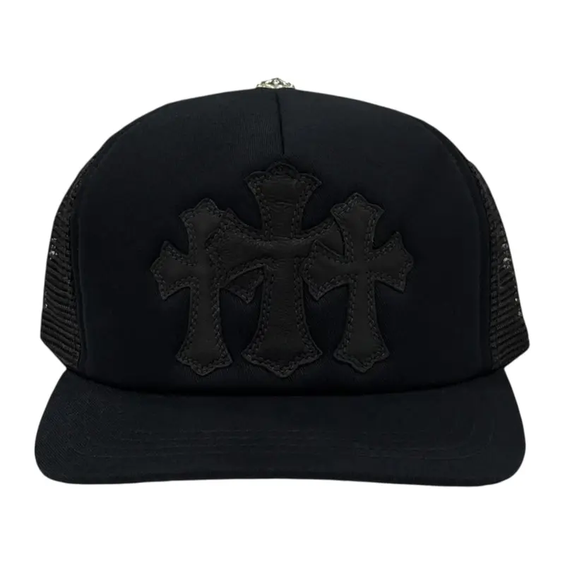 Chrome Hearts Cemetery Leather Cross Patch Trucker Hat Black Black