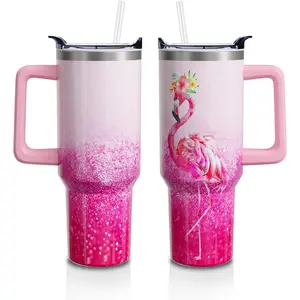Flamingo Gifts 40 Oz Tumbler with Handle and Lid Straw, Pastel Aesthetic Stainless Steel Double Walled Vacuum Insulated Cup, Flamingo Lover Birthday Gifts for Women Girls (1 PC)