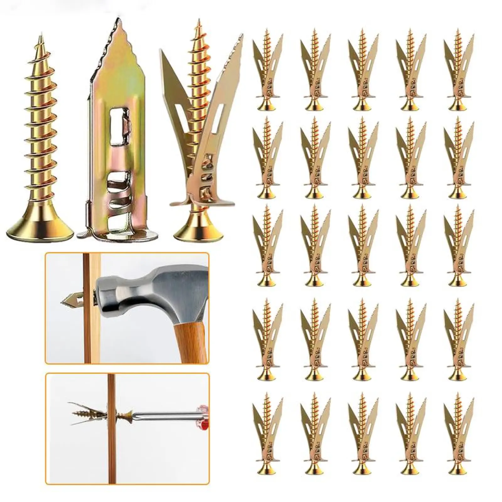 Drywall Self Drilling Anchors and Screws,Easy Application,No Drill or Holes in Wall,Heavy-Duty Zinc-Plated Steel Anchors with Self-Tapping Screws,Hollow Screws and Anchors for TV,Bicycle,Cabinet Fixing Accessories.