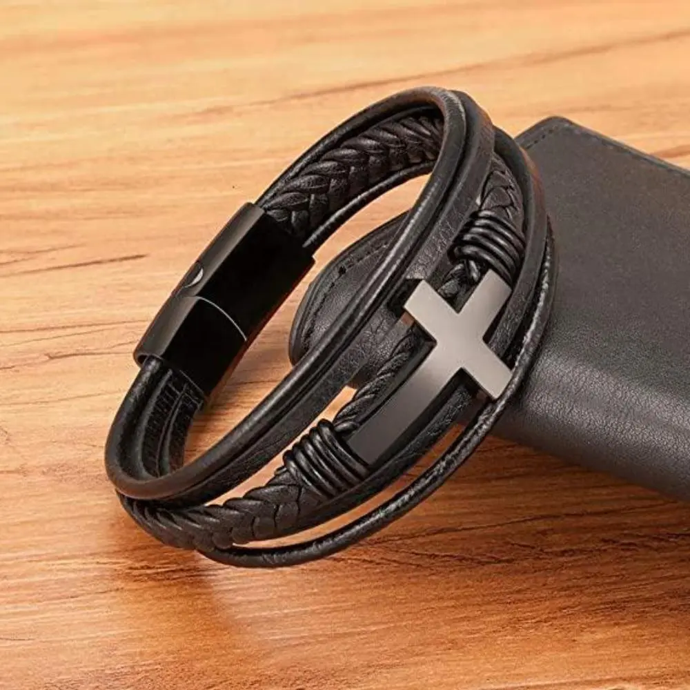 Men's 8" Cross Leather-Metal Layered Braids Bracelets Jewelry - Magnetic Clasp Double Layered Fashionable Creative Bangle, Daily Religious Wristband, Casual Father's Day Gift Accessory