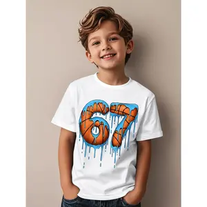 Boys' Casual Cotton Crew Neck Short Sleeve Graphic T-Shirt - Retro Gen Alpha Drip Series with 67 Number Meme Design, Ideal for Birthday Party & Casual Attire, Year-Round Comfortable Gift
