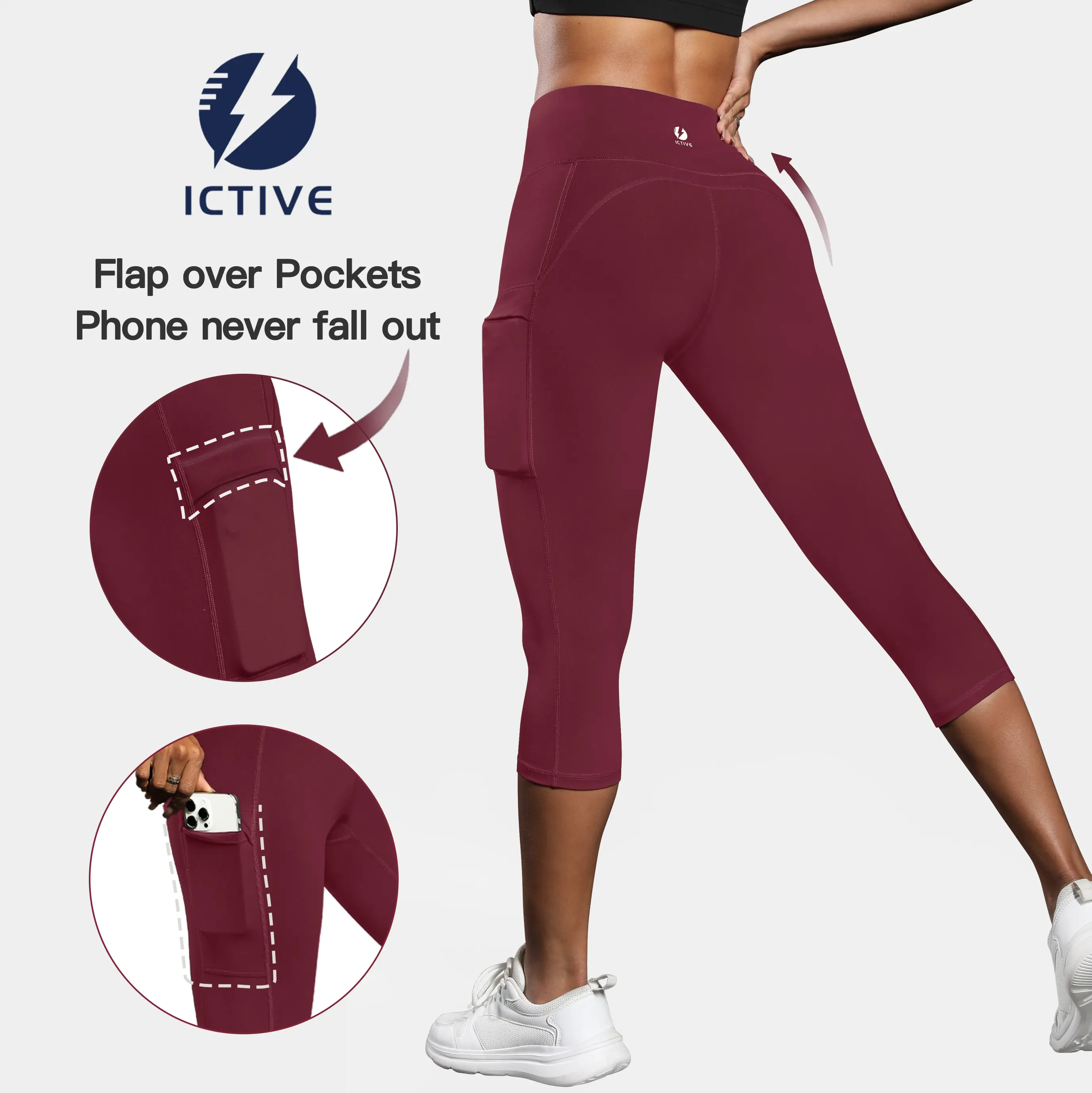 ICTIVE Women's High Waisted Capri Leggings with Pockets, Fitted Activewear Workout Pants for Yoga, Pilates & Gym Training
