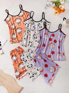 Women's Cute Cartoon Print Cami Top Spaghetti Strap & Shorts Pyjama Set, Casual Comfy Loungewear Set for Women, Women's Sleepwear for Summer, Pajamas, Pjs