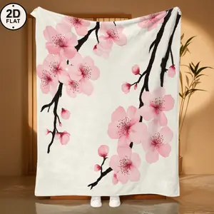 2D Flat, Cherry Blossom Branch 2D Flat Printed Flannel Blanket - Soft, Suitable for All Seasons, 100% Polyester Fiber, Lightweight and Comfortable, Valentine's Day Gift, Modern Style, White with Pink Flowers and Black Branch Design, 250-300g/ ㎡
