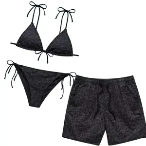 Black Panther Matching Couple Swimsuits Set, BF and GF Matching Swimsuits, BF and GF Swimsuits, Panther Pattern Printed Bikini Set for Women, Swimwear Set for Couples, Couple Trendy Bikini And Hawaii Short, Summer Beach Vacation Outfit