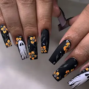 Halloween Makeup Look Press-on Nails: European & American Style Long Black Matte Nails with Floral and Ghost Patterns