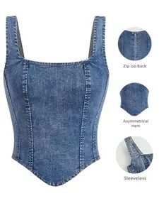 Women's Elegant Chic Fitted Sleeveless Denim Gilet Tops, High Stretch Fabric, All-Season Casual Versatile, Unique Style, No Collar, Zipper Design Womenswear Lady