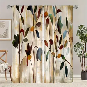 2pc vintage watercolor botanical print curtains, Window curtain, door blinds feature a semi-blackout rod and bag design, suitable for bedrooms, living rooms, apartments