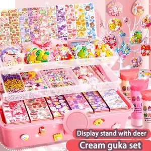 Kids DIY Guka Cream, Sticker & DIY Beads Craft Kit | 5-10Y Boys Girls Keychain Gift Box | Pink Purple Birthday New Year Holiday Toy