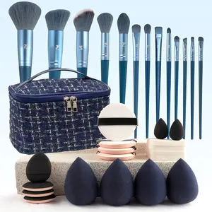 32-Piece Makeup Brush Set, Blue Cosmetic Bag & Powder Puffs, Travel-Friendly Facial Brushes, Daily Use Professional Beauty Tools, Makeup Tool Kit