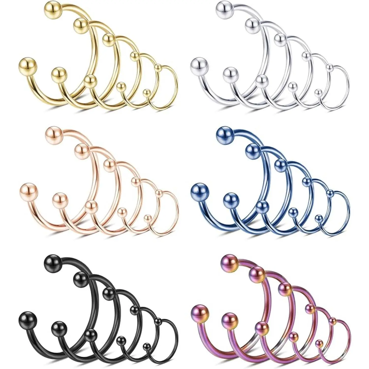 MILACOLATO 30PCS Stainless Steel 16G Nose Septum Horseshoe Rings Circular Barbells Cartilage Tragus Helix Eyebrow Lip Labret Nipple Ear Piercings Body Jewelry 6mm-14mm Daily