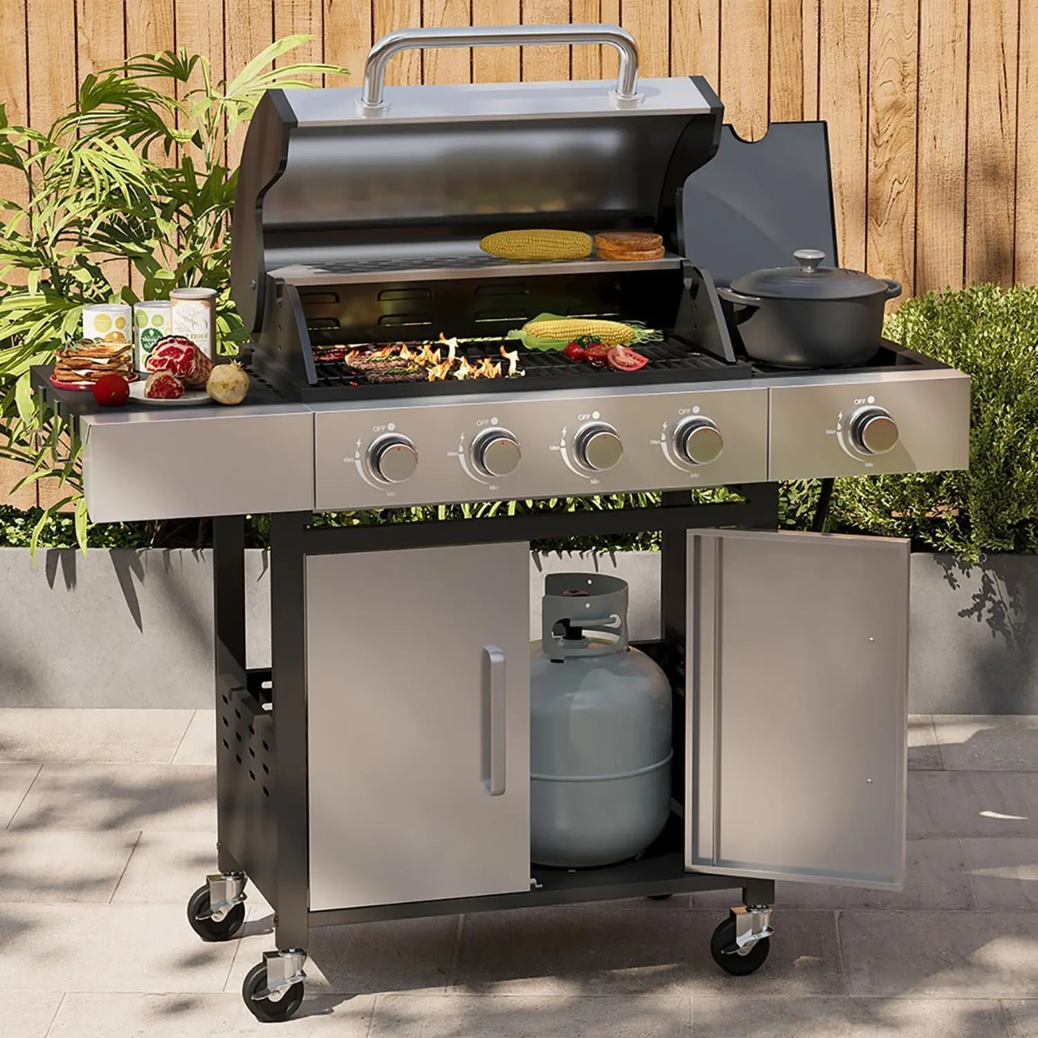 Aoxun 4-Burner Propane Grill with Side Burner, 49000 BTU Gas Grill, Stainless Grill with Cast Iron Grates & Side Tables for Backyard, Patio, Camping, Black and Silvery