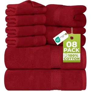 8 count Luxury Towel Set  Majestic Plush, Super Absorbent & Quicker-to-Dry, Thick  Ring Spun   for Bathroom,  & Hotel  2 Bath, 2 Hand, 4 Washcloths,Red