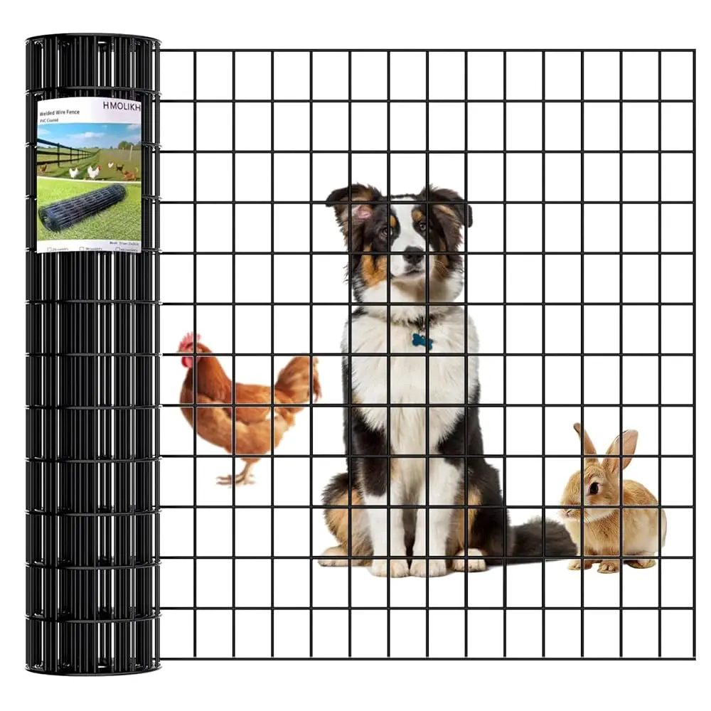 Black PVC Coated Welded Wire Fence 24 Inch x 50 Foot, 2 Inch x 4 Inch 16GA, Garden Border Fencing Roll Vinyl Coating Metal Wire Mesh Hardware Cloth for Yard Vegetable Plant Protection