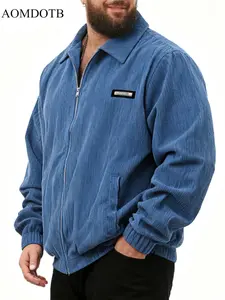 Men's Casual Corduroy Jacket Long Sleeve Fall Winter, Large Size Zipper Design, Personalized Chest Label, Suitable for Daily Commute Sports Outdoor Gatherings