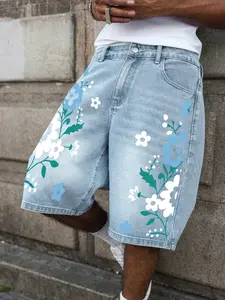 Men's and women's flower print, Casual, Floral denim shorts, American-style high-street loose-fitting distressed five-pocket pants, TikTok's top-selling denim shorts, perfect for street style, skateboarding outings, Y2K fashion, daily commutes