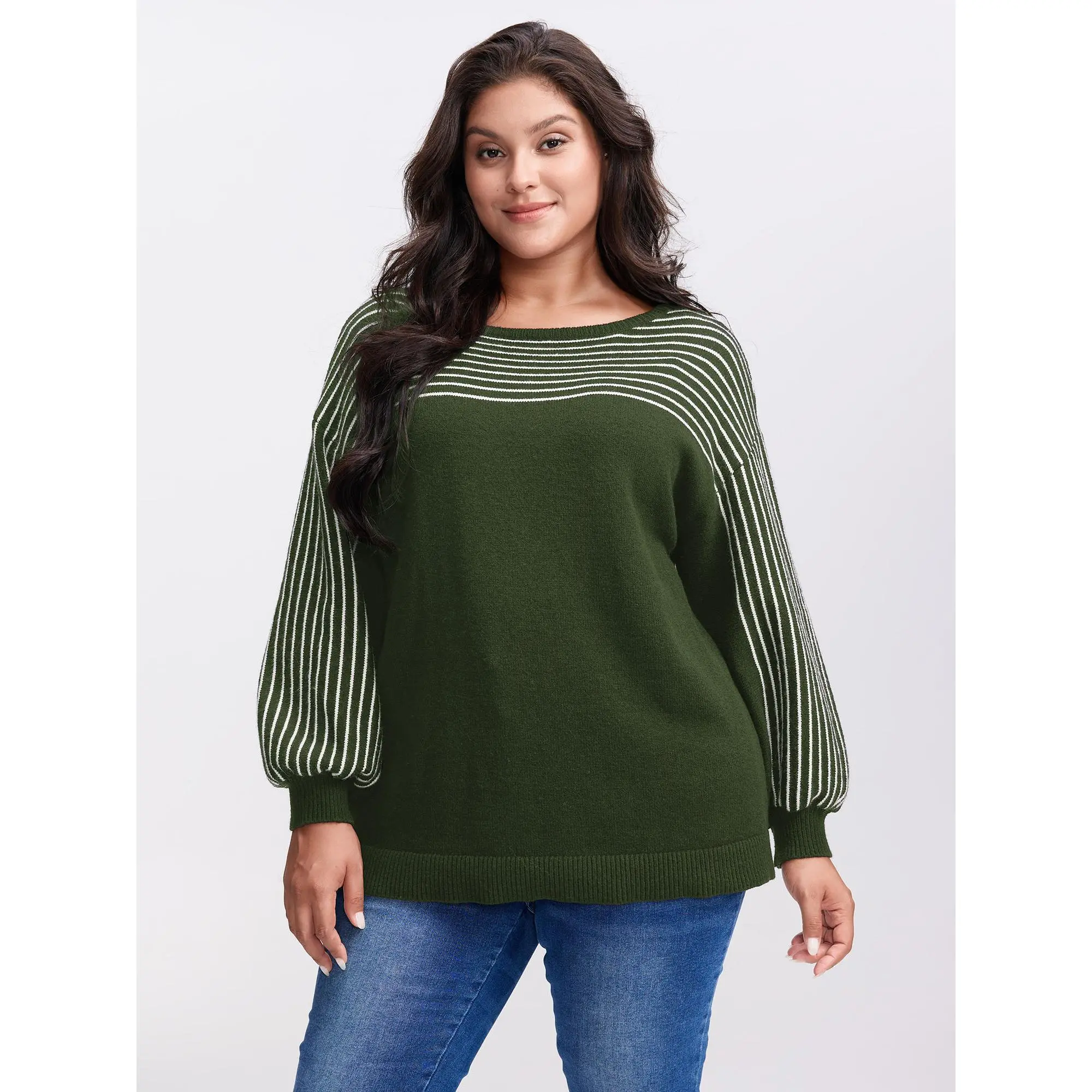 BloomChic Women's Plus Size Knitwear Sweater - Army, Simple Women's Tops, Oversized Striped Colorblock Boat Neck Lantern Sleeve Pullover, Soft Breathable Low Iron Fabric for Everyday Wear, Lantern Sleeves