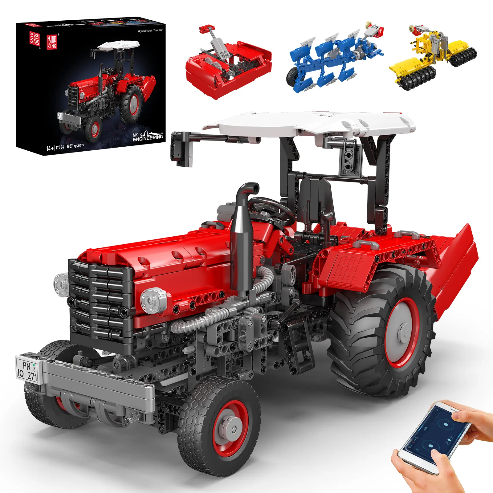 Mould King 17064 RC Enabled Construction Farming Tractor Building Block Set, 1857 ABS Plastic Brick Parts, Multiple Heads, Stem Build Toy for 12 Years Above Unisex, Remote Control