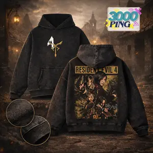 Resident Evil 4 Remake Hoodie & T-Shirt Leon & Ada Graphic, Vintage Acid Wash Apparel, Survival Horror Game Merch, Gold Poster Pullover, Unisex Cotton Top