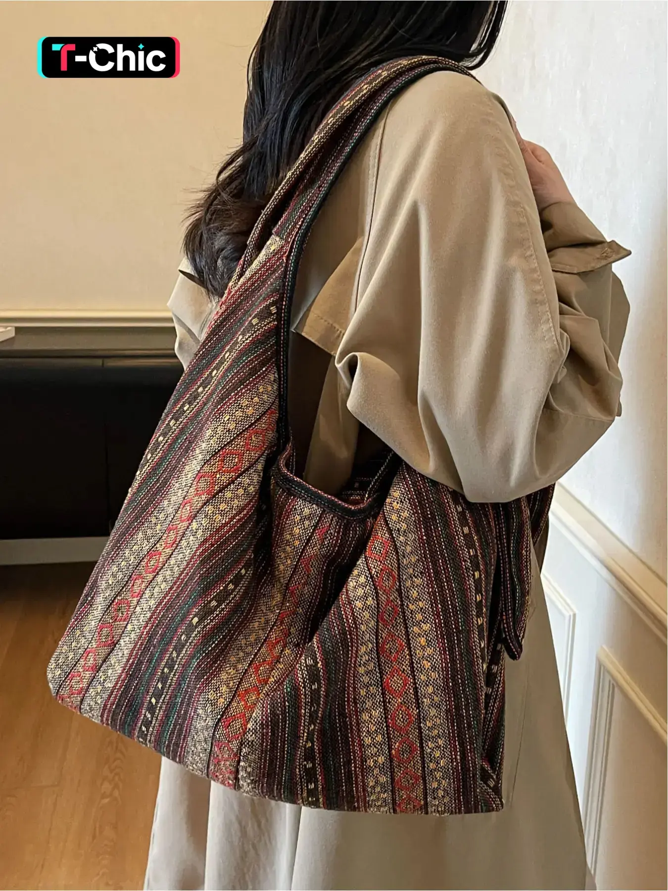 Large capacity tote bag, ethnic style retro backpack, striped canvas shoulder bag, multi-purpose crossbody bag, Colorblock bag, Hobo crossbody bags, Casual crossbody bag, Lightweight Canvas Bag, Boho Shoulder Bags, Patterned Bag