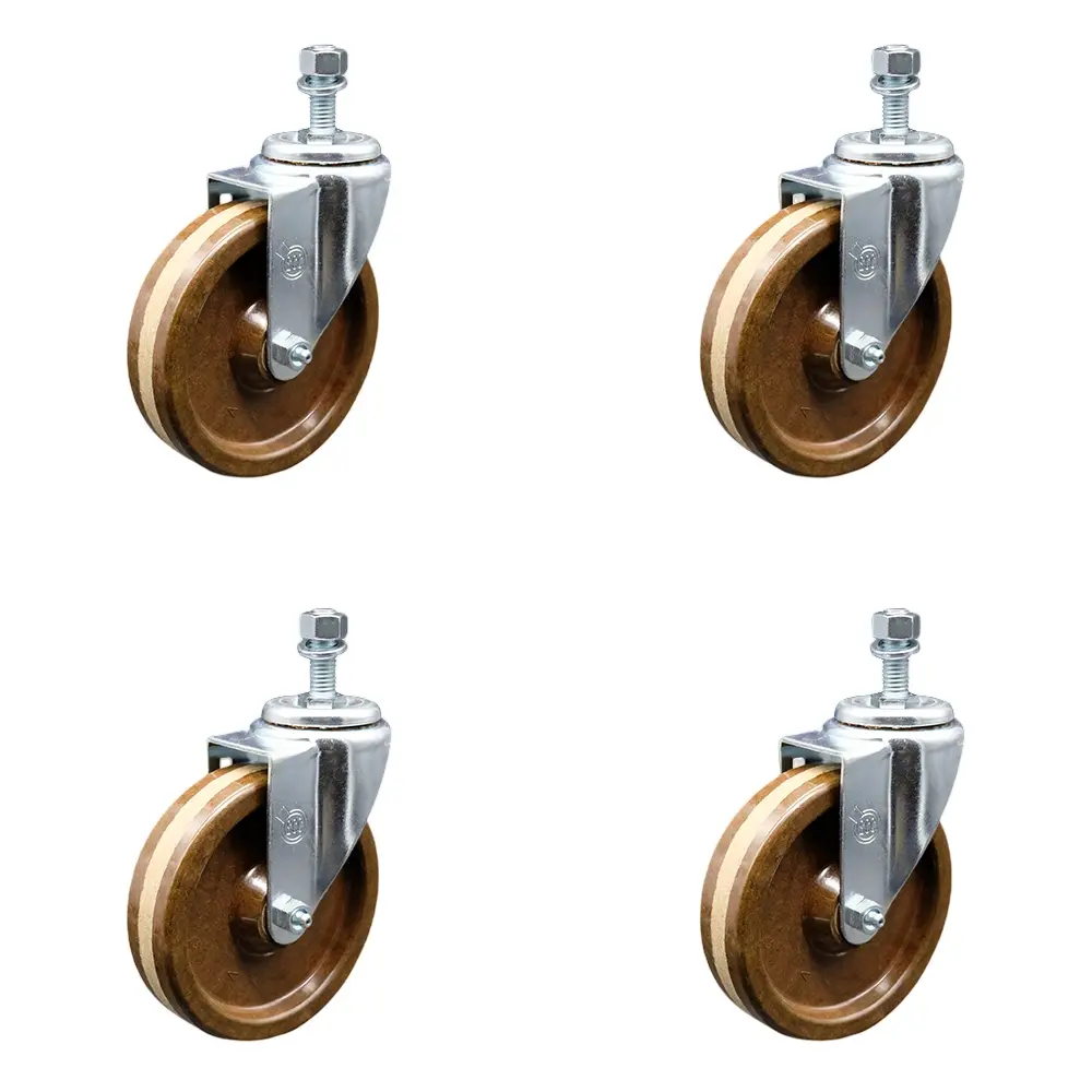 212 MAIN High-Temperature Phenolic Swivel Threaded Stem Caster with Roller Bearing, 5x1.25 in. Brown Furniture Moving Wheel, 0.5 in. Stem, Set of 4 (Model SCC-TS20S514-PHRHT-121315-4)