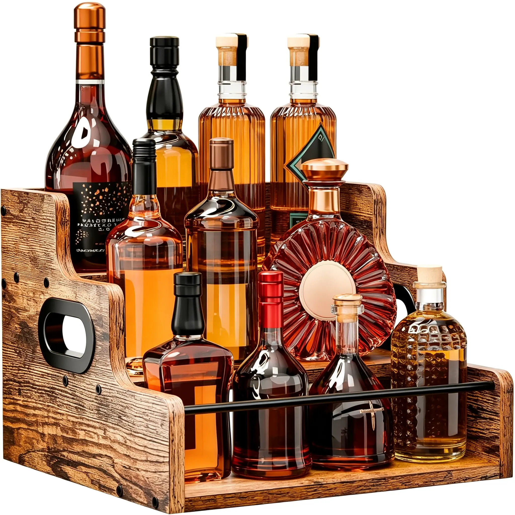 3-Tier Solid Wood Stepped Liquor Bottle Display Shelf - Vintage Rustic Home Bar Organizer with Handles, Natural Grain, Guard Rail, Countertop Kitchen Decor Holder