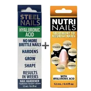 (Duo Pack) Steel Nails & Nutri Nails 12ml Each Hyaluronic Acid Keratin Vitamins for Strengthening Nourishing Hydrating Weak Nails Uñas de Acero Manicure Treatment Moisture Moisturizer outdoorfun