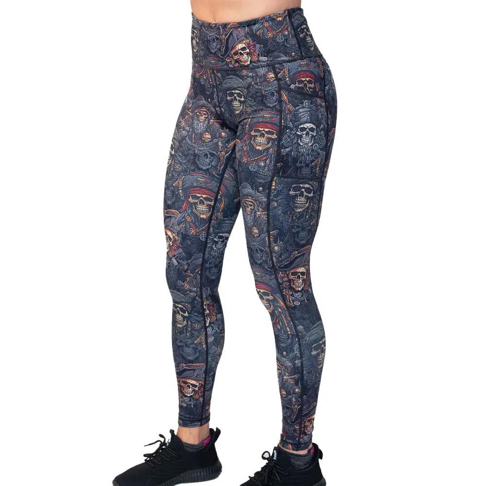 CVG Women's Workout Leggings in Pirate Skull Print, Fitted High Waist Compression Bottoms with Pockets, Sweat Proof Fabric, Female, Elastic Waistband, Lifting Leggings, Spandex Leggings