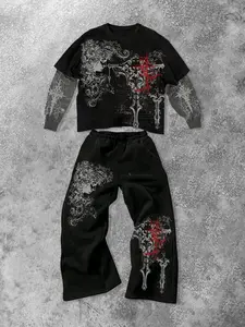 Men's Gothic Graphic Print Fake Two-Piece Long Sleeve Sweatshirt & Wide-Leg Pants Set, Loose-Fitting Casual Streetwear Menswear for All Seasons